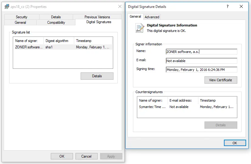 Application signature detail in Windows explorer