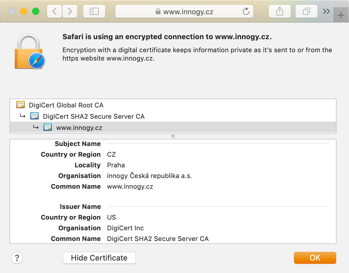Detail of the certificate DigiCert Secure Site Pro in the browser