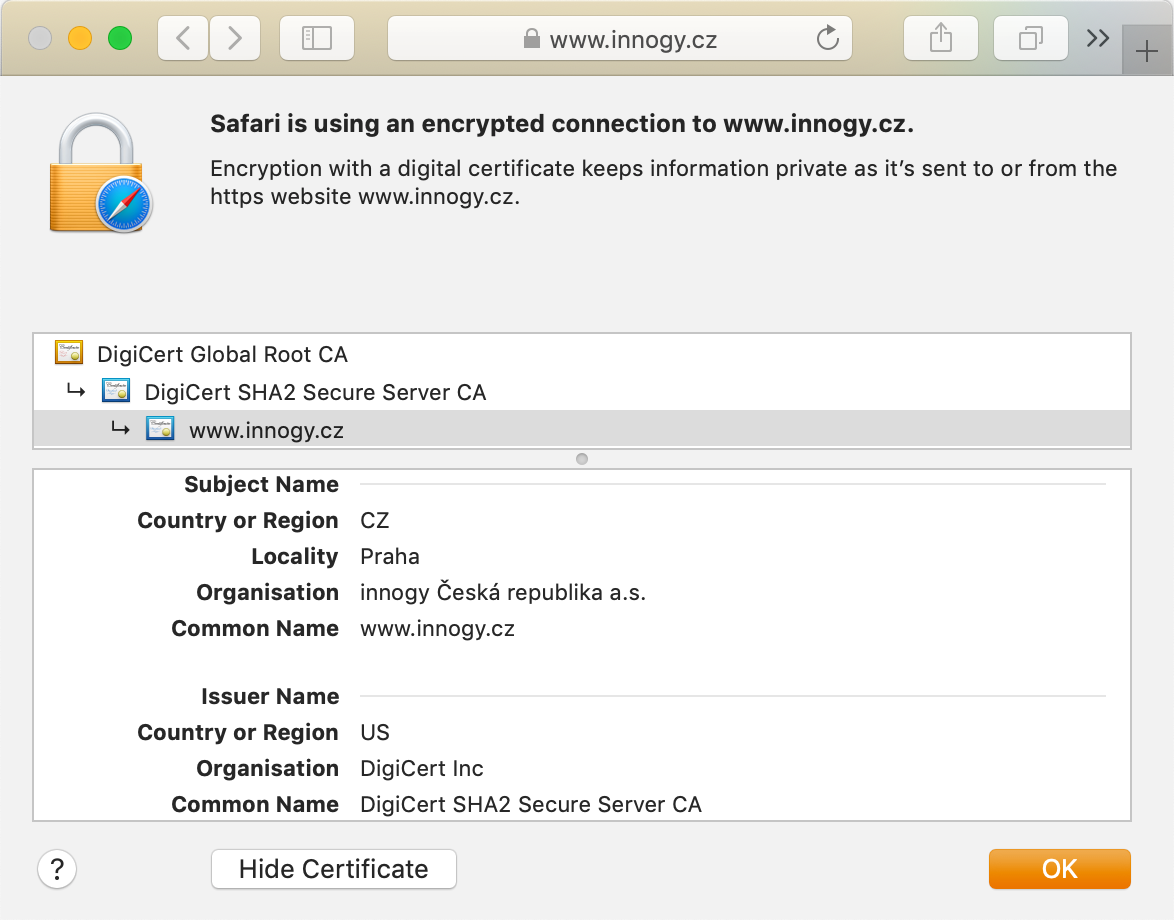 Display of DigiCert Standard SSL in the browser