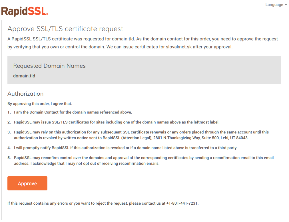TLS certificate confirmation web page