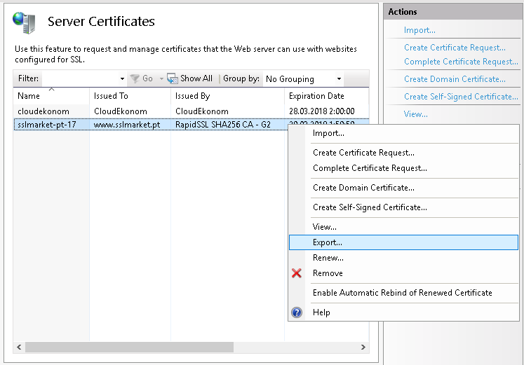 Export SSL certificate from IIS