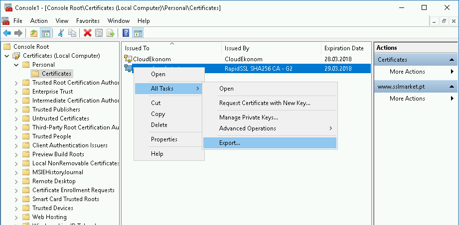 Export a certificate from the certificate store