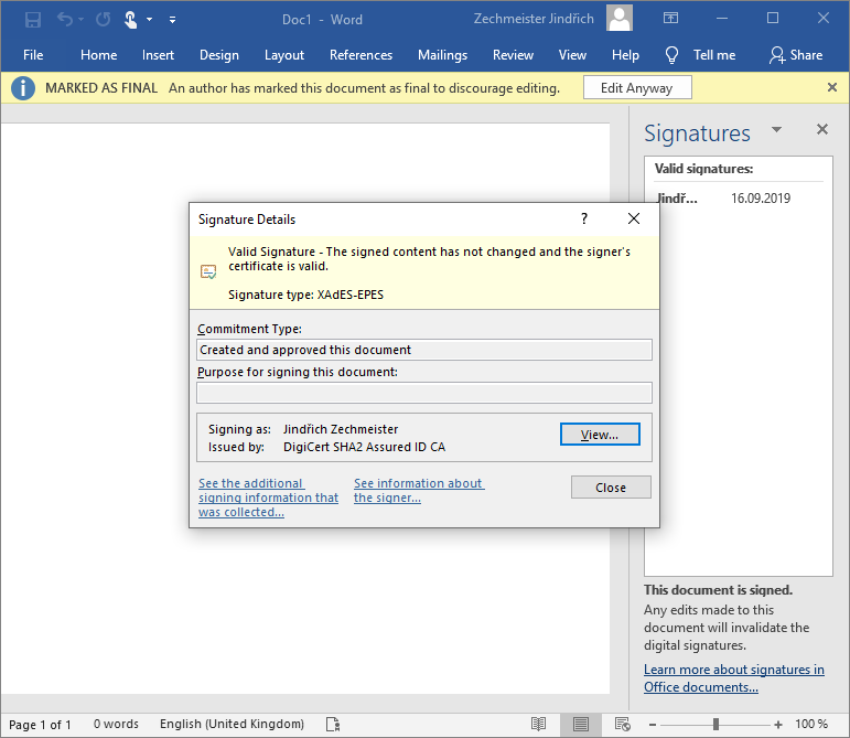 Displaying the certificate DigiCert Document Signing Individual in the application