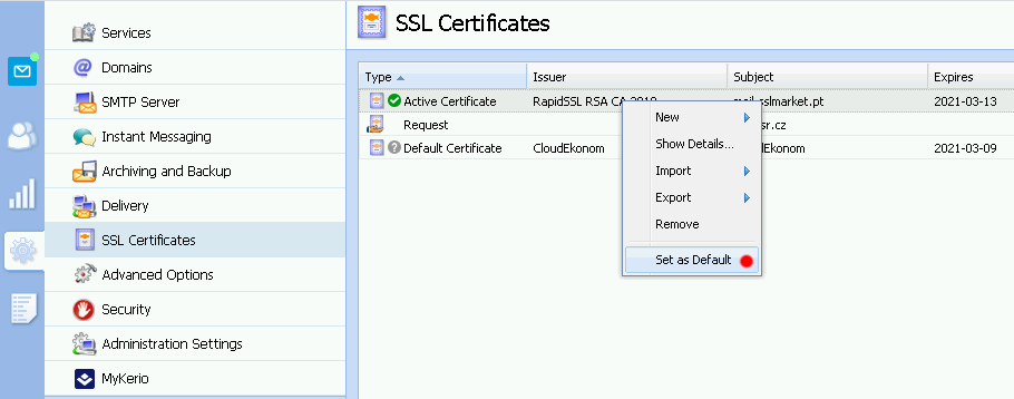 Kerio Connect - default certificate settings