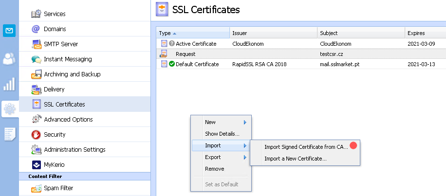 Kerio Connect - Import the certificate issued CA