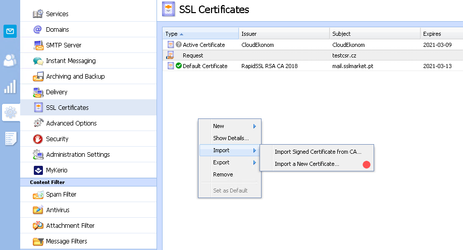 Kerio Connect - Import vydaného certifikátu