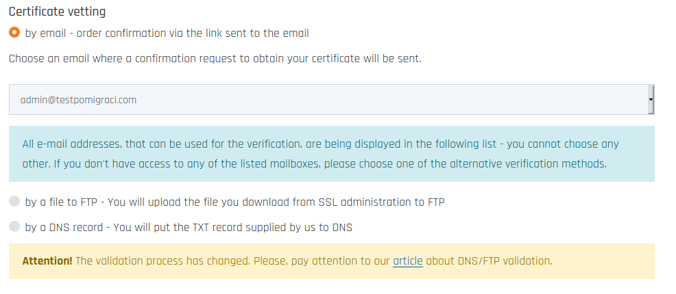 Alternative DV certificate verification