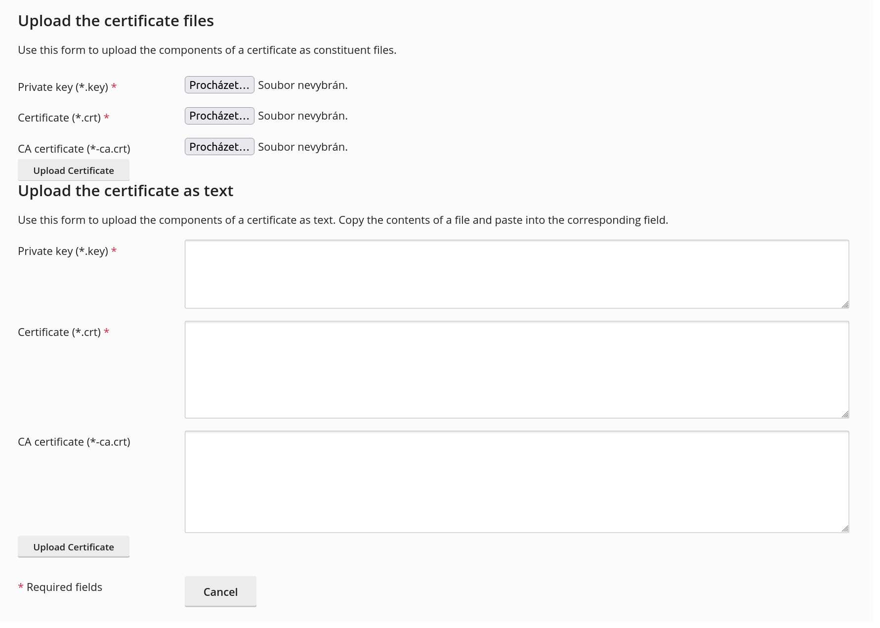 Certificate and private key upload to server