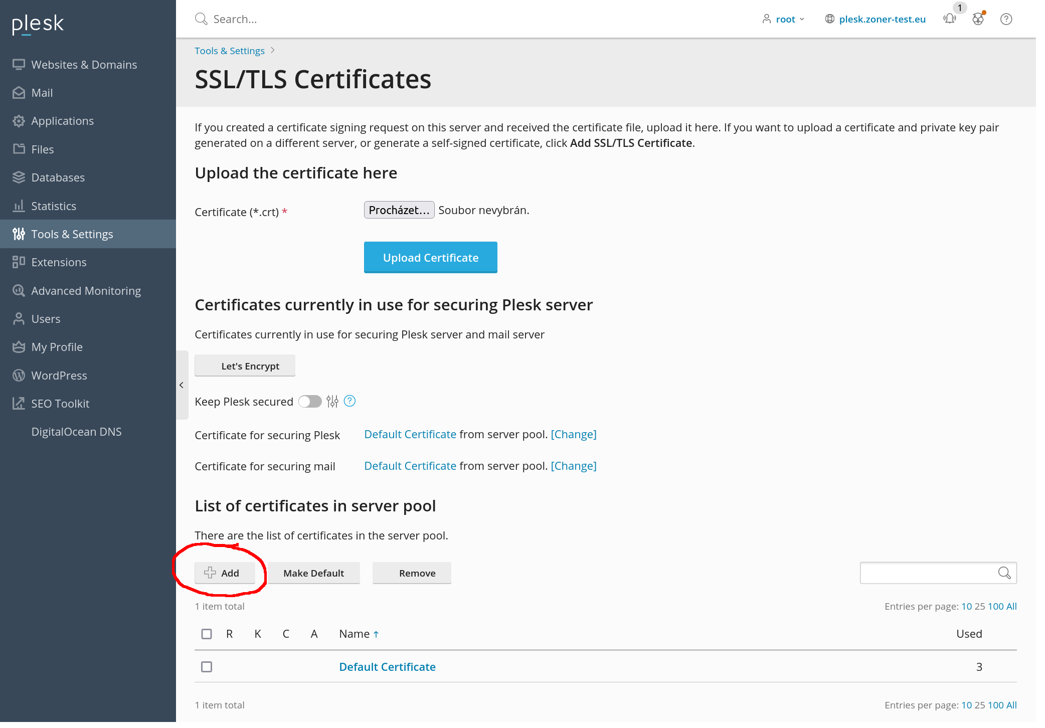 Management of TLS certificates in Plesk