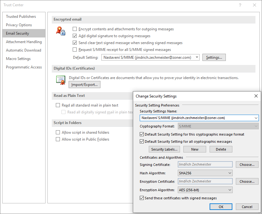 Certificate settings in Outlooku