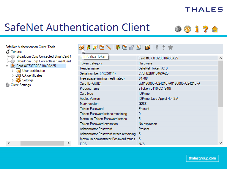 Token inicialisation via the Safenet application