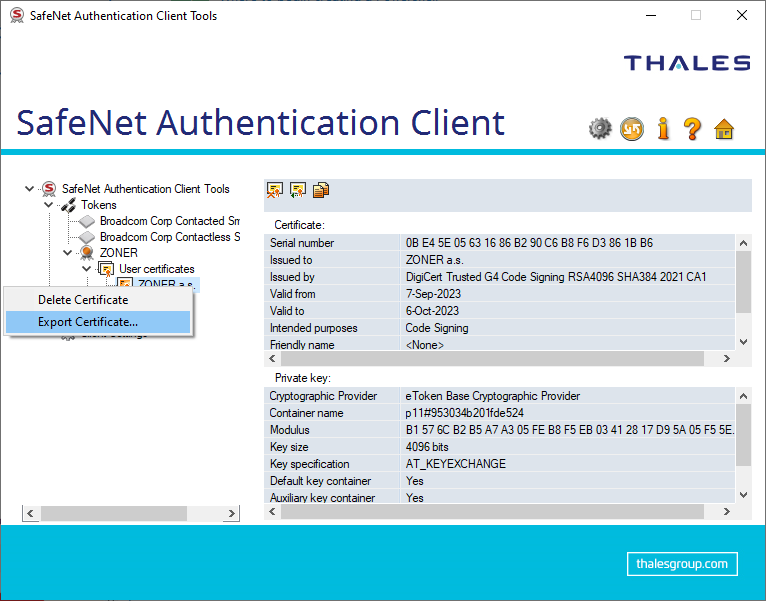 Certificate export from Safenet