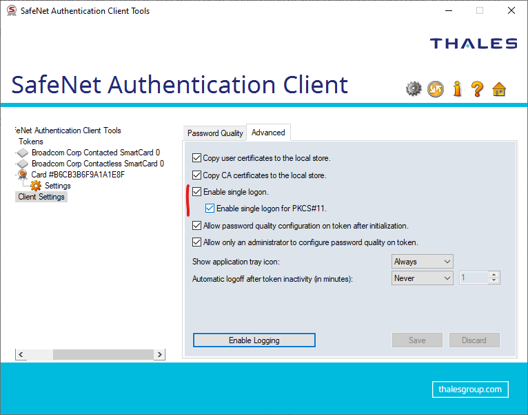 Single logon settings in Safenet